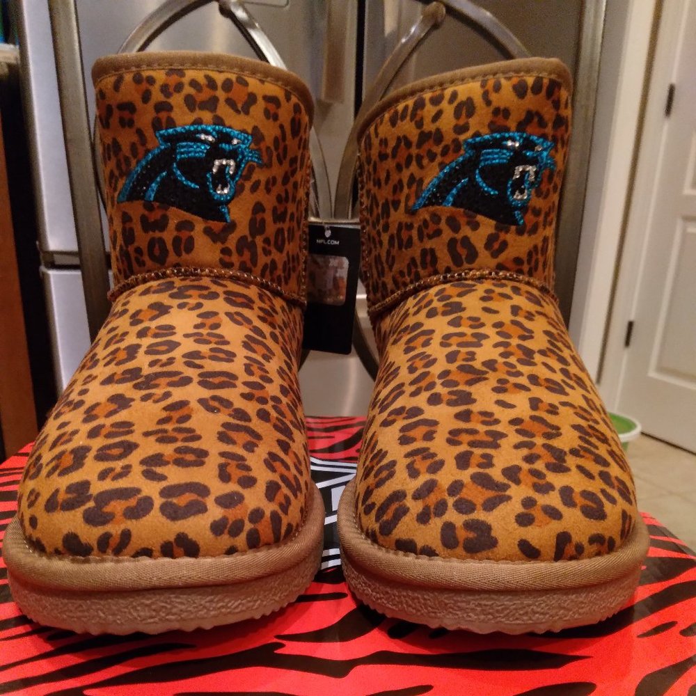 Officially Licensed NFL Women's Leopard-Print Bling Boot by Love Cuce Carolina P